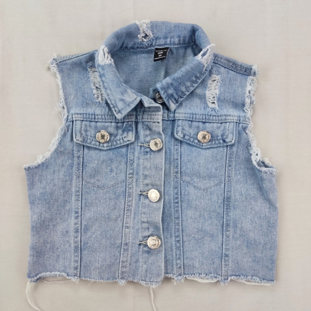SHEIN Denim Vest Kids 5Y Blue Distressed Frayed Hem Sleeveless Trucker Jacket